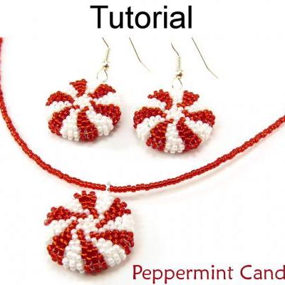 Beading Tutorial Pattern Earrings Necklace - Holiday Christmas Jewelry - Simple Bead Patterns - Peppermint Candy Set #10625