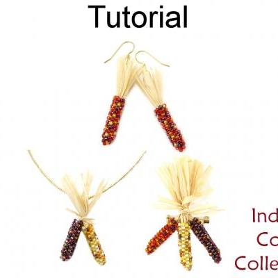 Beading Tutorial Pattern - Earrings Necklace Broach - Fall Thanksgiving Jewelry - Simple Bead Patterns - Indian Corn Collection #15411