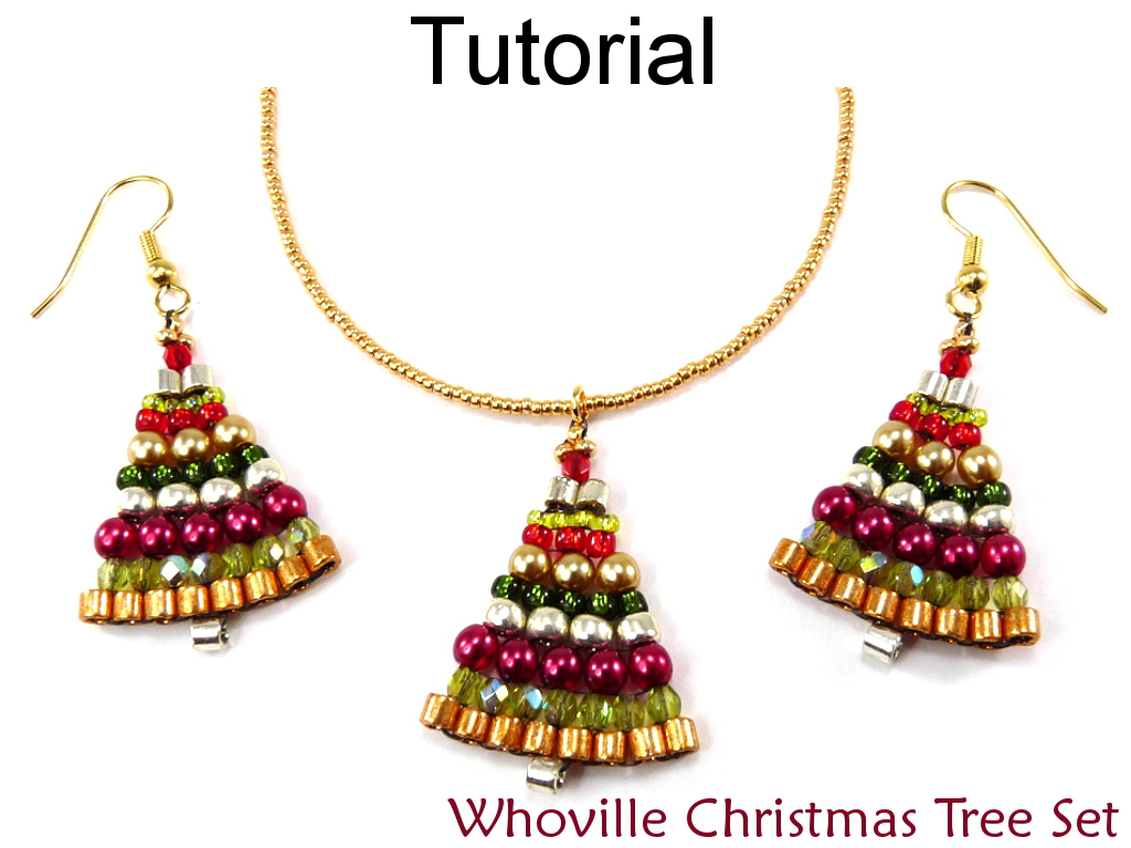 Beading Tutorial Pattern Christmas Holiday Earrings Necklace - Brick Stitch - Simple Bead Patterns - Whoville Christmas Tree Set #10430