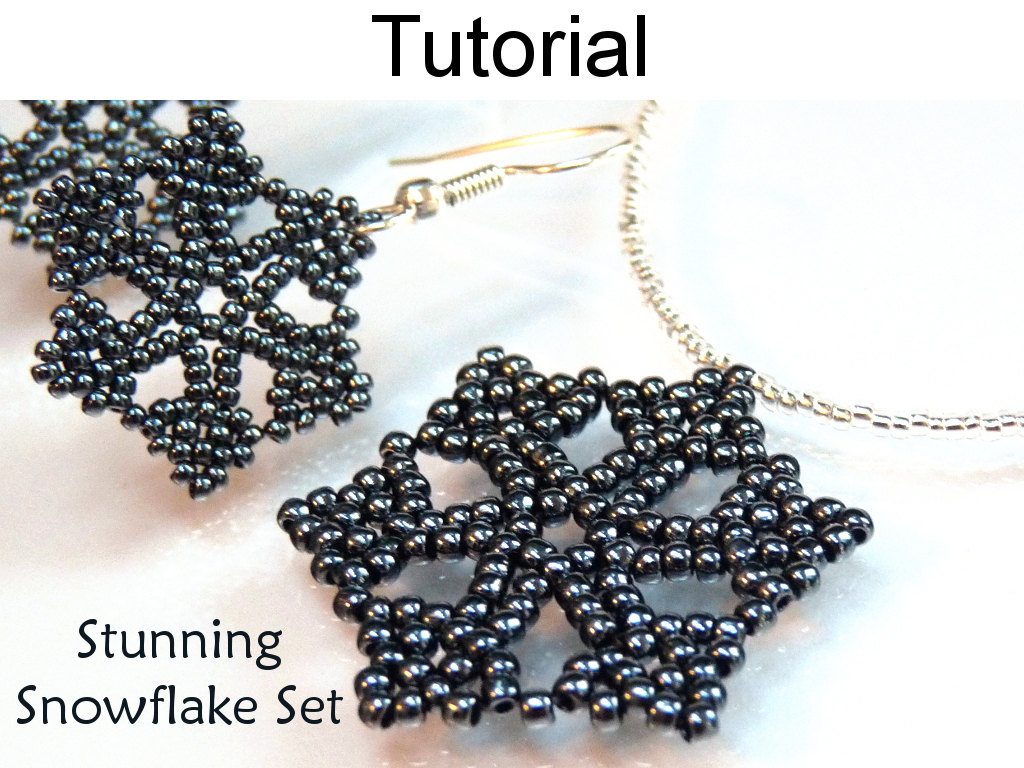 Beading Pattern Tutorial Necklace Earrings Set - Winter Holiday Jewelry - Simple Bead Patterns - Stunning Snowflake Set #3038
