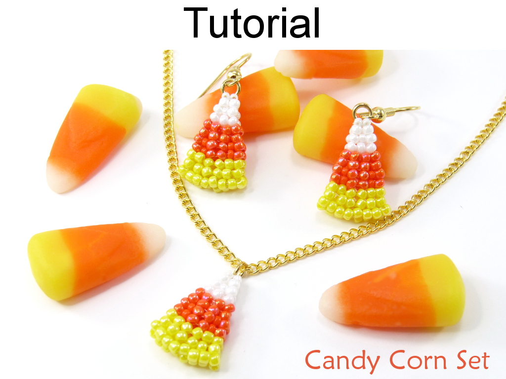 Beading Tutorial Pattern Earrings Necklace Set - Candy Corn Halloween Jewelry - Simple Bead Patterns - Candy Corn Set #15179