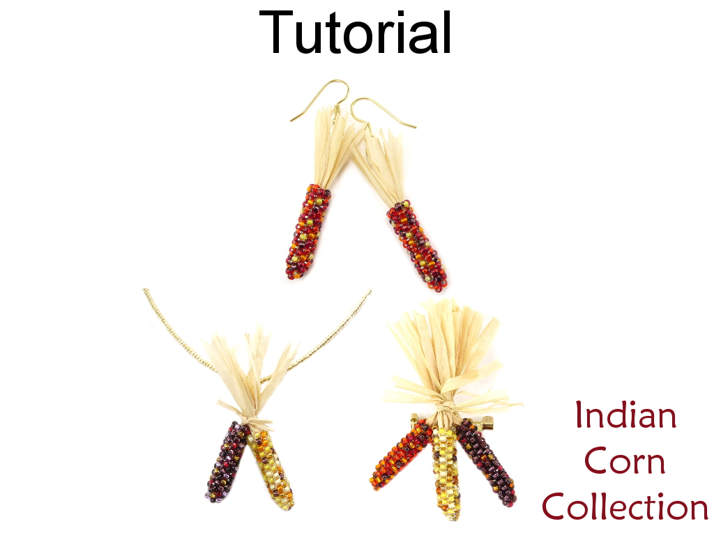 Beading Tutorial Pattern - Earrings Necklace Broach - Fall Thanksgiving Jewelry - Simple Bead Patterns - Indian Corn Collection #15411