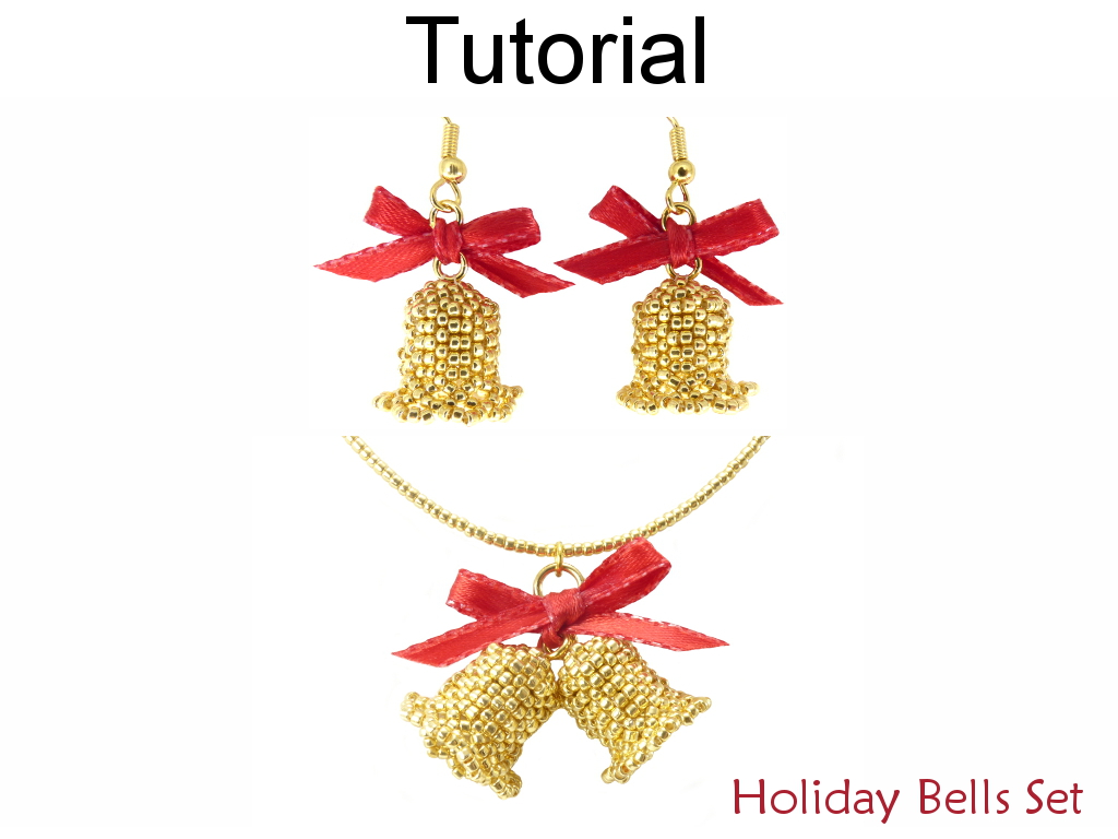 Beading Tutorial Pattern Christmas Holiday Earrings Necklace - Jingle Bells W/ Bows - Simple Bead Patterns - Holiday Bells Set #16473
