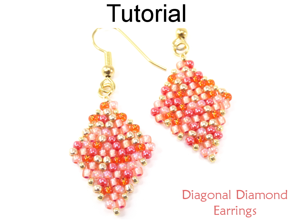 Beading Tutorial Pattern - Beaded Diamond Earrings - Diagonal Peyote Stitch - Simple Bead Patterns - Diagonal Diamond Earrings #19040