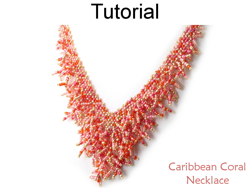 Beading Tutorial Pattern - Fringe Necklace - Diagonal Peyote Stitch - Simple Bead Patterns - Caribbean Coral Necklace #19039