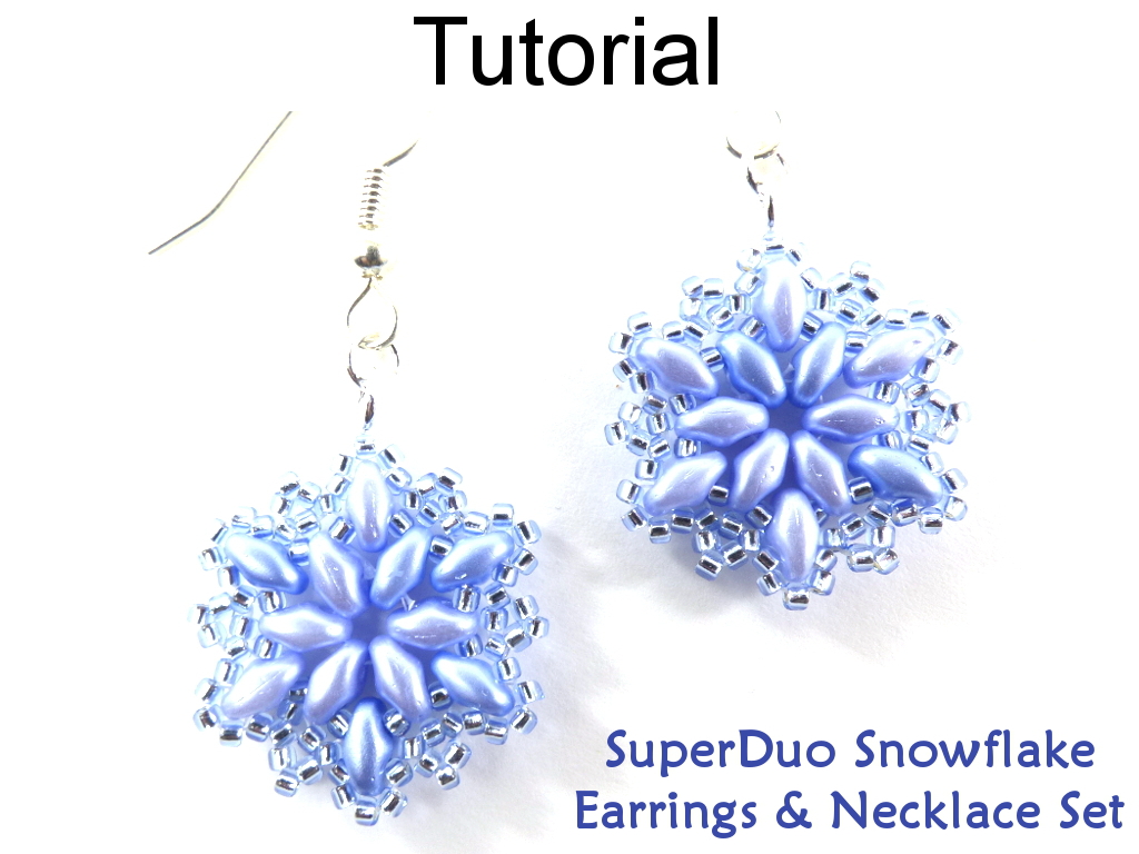 Beading Tutorial Pattern - Earrings & Necklace - Beaded Snowflake Winter Jewelry - Simple Bead Patterns - Superduo Snowflake Set #20463